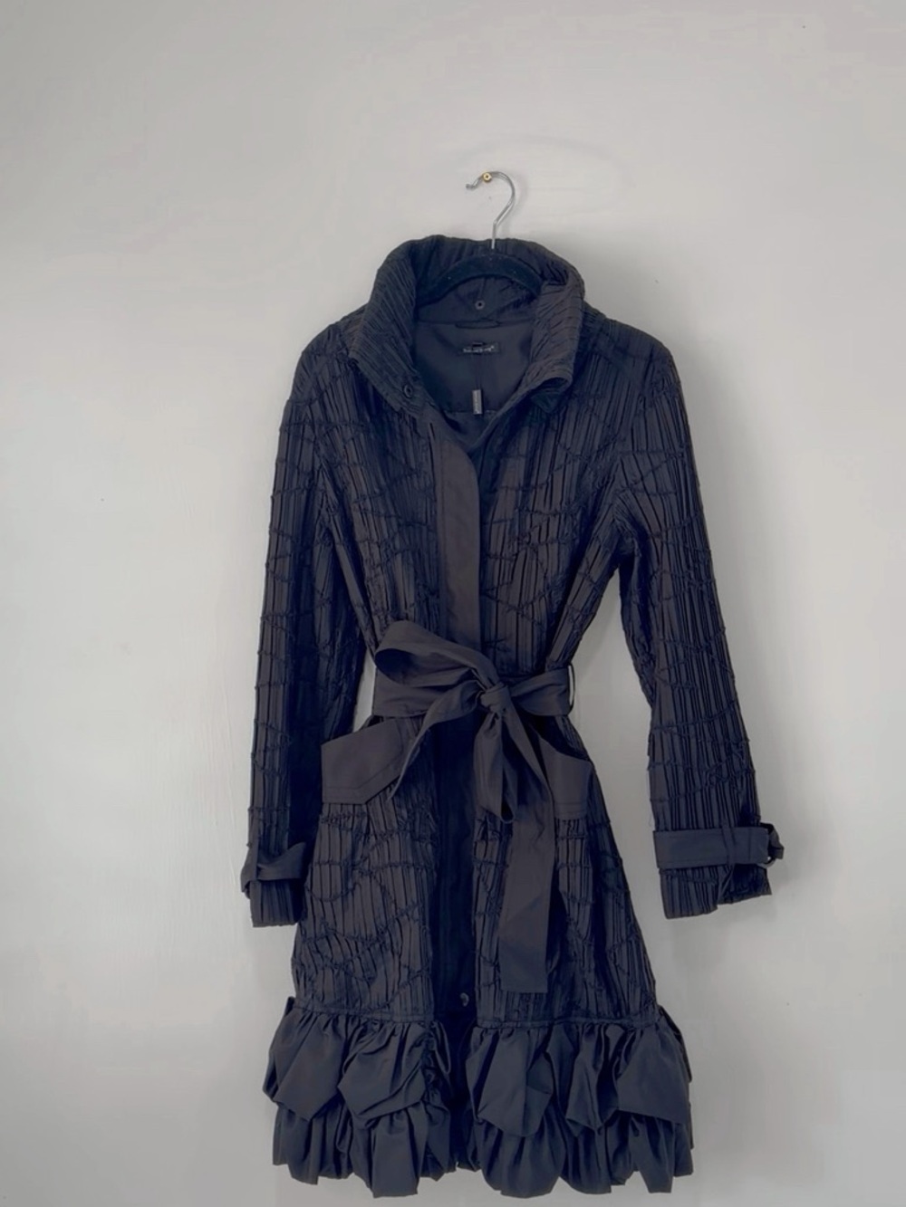 Black Textured Ruffle Hem Trench Coat with Waist Tie